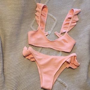 Cute Pink Ruffle Ribbed Bikini